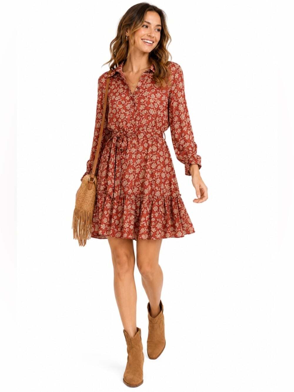YEST Floral Dress Burgundy Gold Thread Women’s 6 Long Sleeve Button Boho Midi